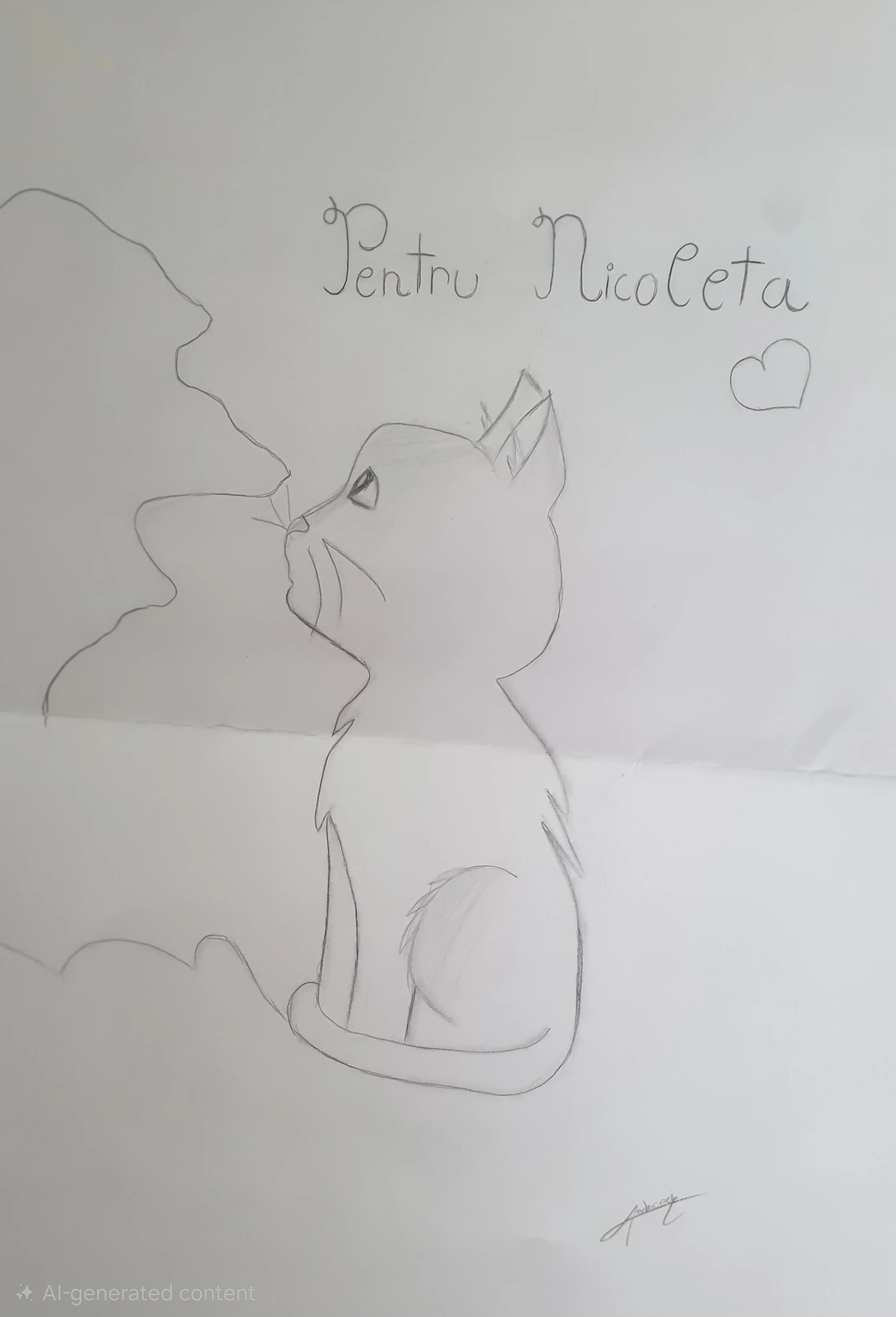 Desen în creion: o pisică, „Pentru Nicoleta"